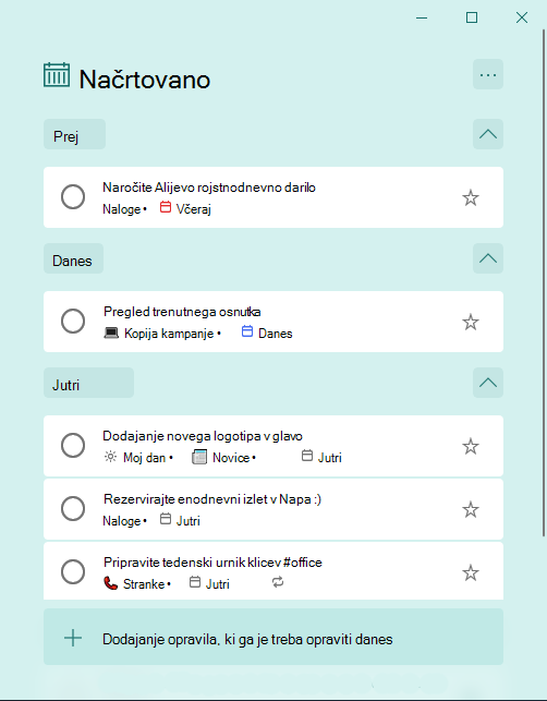 Načrtovani pametni seznam z opravili, organiziranimi po prej, danes in jutri