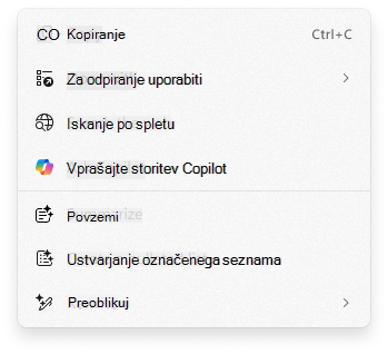 Posnetek zaslona priročnega menija Izvedba s klikom z možnostjo Vprašajte storitev Copilot
