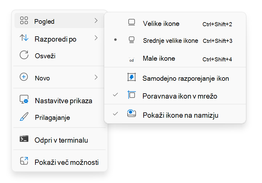 Posnetek zaslona priročnega menija na namizju, ki se prikaže, ko kliknete z desno tipko miške.