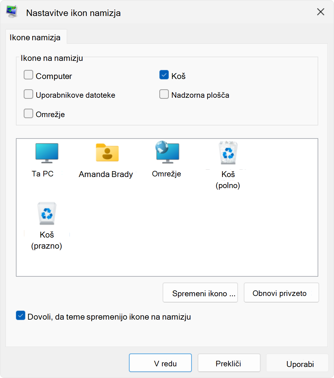 Posnetek zaslona nastavitev ikon namizja v sistemu Windows.