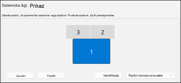 Prikaže razdelek zaslona Zaslon, ki prikazuje, kako so razporejeni monitorji. Besedilo pravi, da lahko izberete monitor, da spremenite njegove nastavitve, ali povlečete zaslone, da jih razporedite.