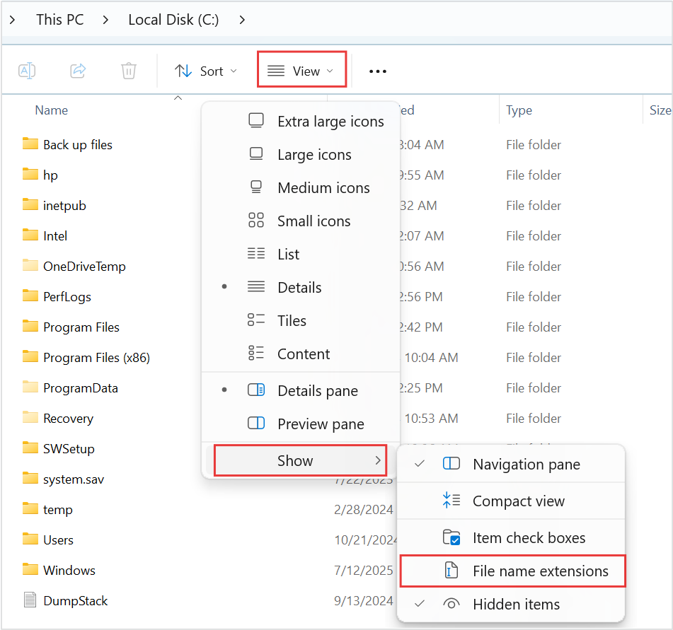 Posnetek zaslona, ki prikazuje mesto pripone Ime datoteke