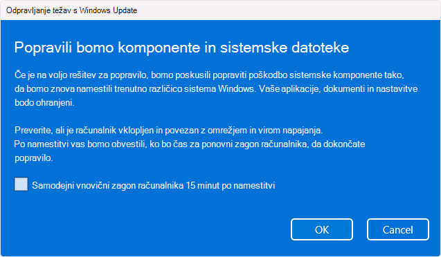 Posnetek zaslona možnosti za vnovično namestitev storitve Windows Update.