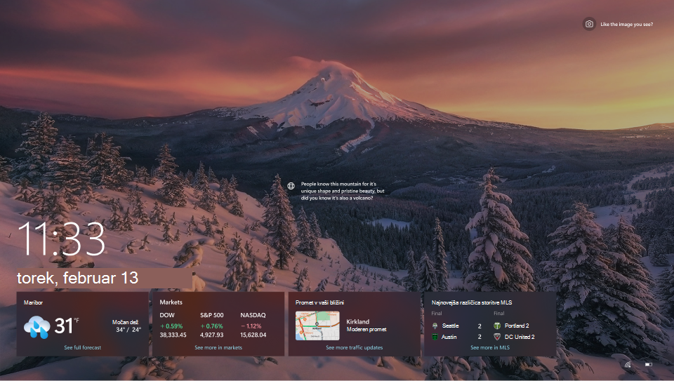 Posnetek zaslona zaklenjenega zaslona sistema Windows 10.