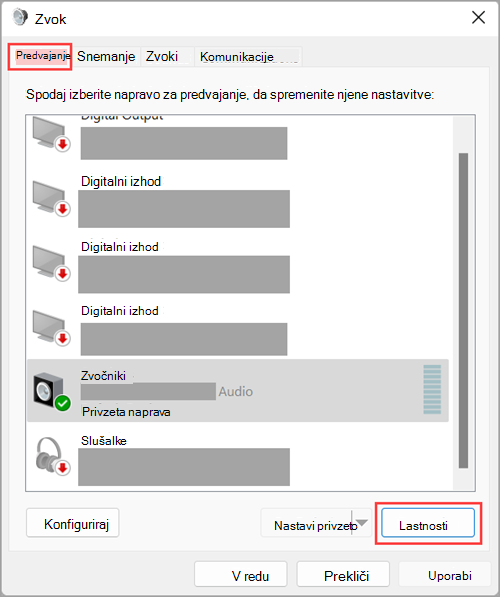 Dostopajte do lastnosti zvočne izhodne naprave v nastavitvah zvoka sistema Windows 11.