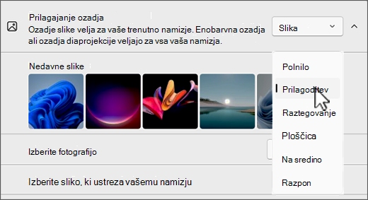 Posnetek zaslona prilagoditve namizja ustreza izbiri slike.