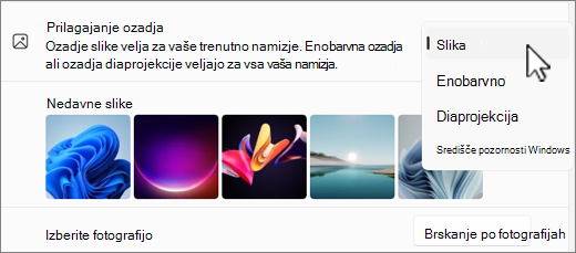 Posnetek zaslona prilagajanja izbir ozadja.