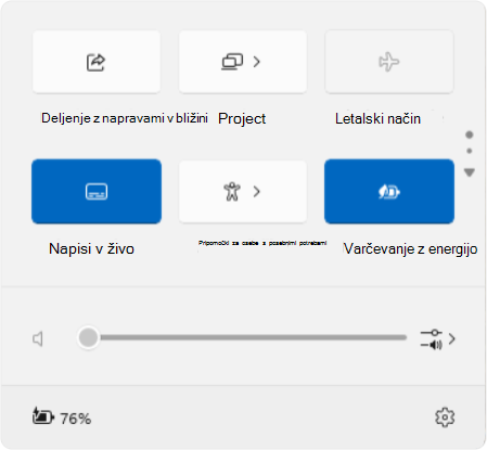 Posnetek zaslona s hitrimi nastavitvami v sistemu Windows.