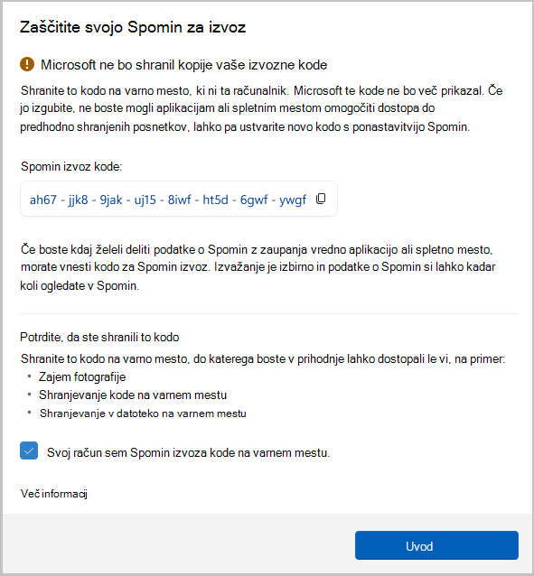 Posnetek zaslona izvozne kode za Recall
