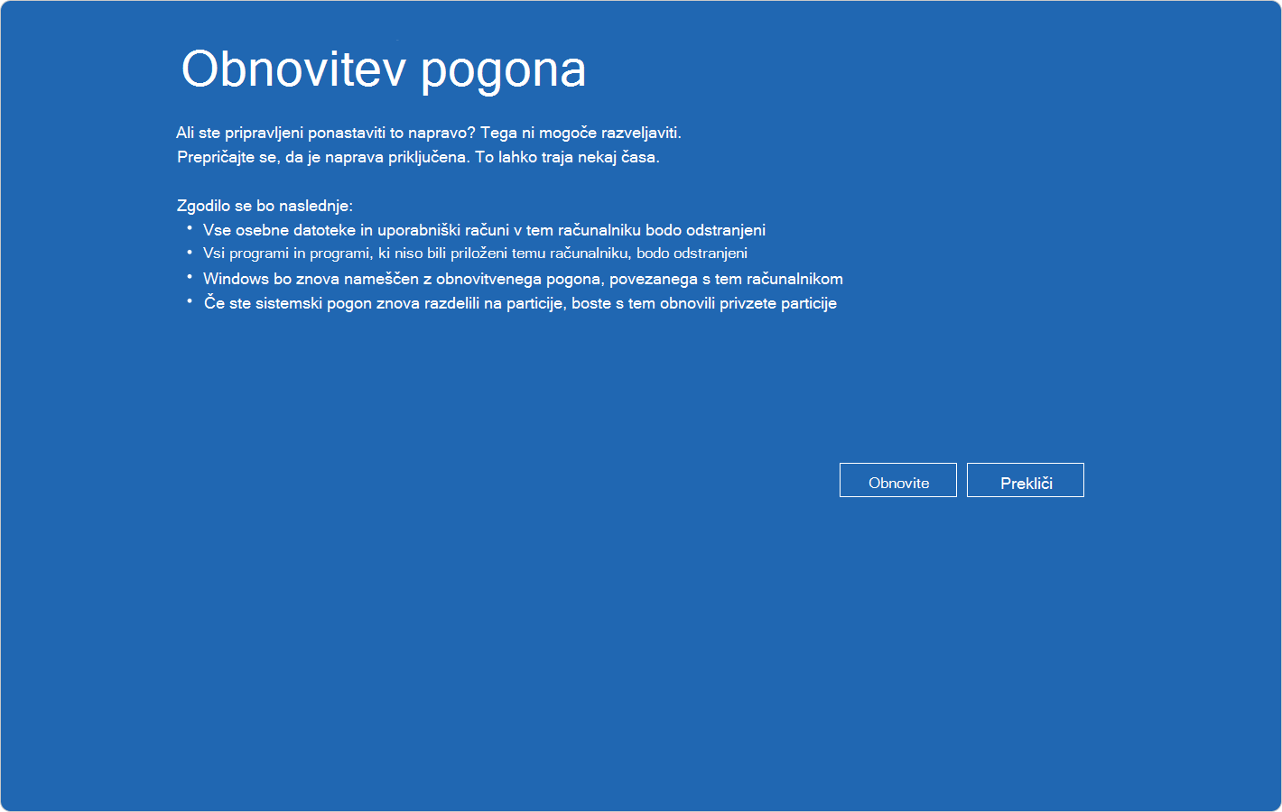 Posnetek zaslona sistema Windows RE, ki prikazuje potrditev obnovitve iz pogona