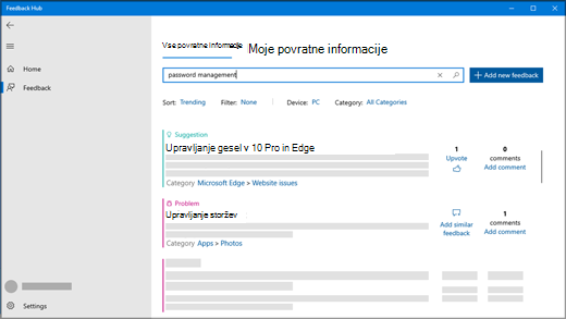 Pogovorno okno za povratne informacije o iskanju v Središču za povratne informacije