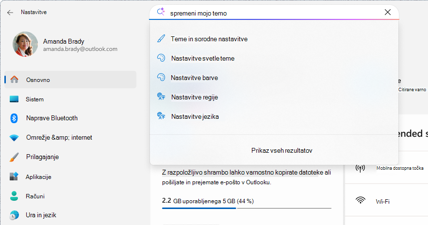 Posnetek zaslona iskanja v nastavitvah.