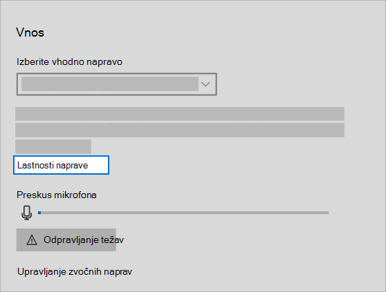 Povezava »Lastnosti naprave za zvočni vhod« v meniju za zvok