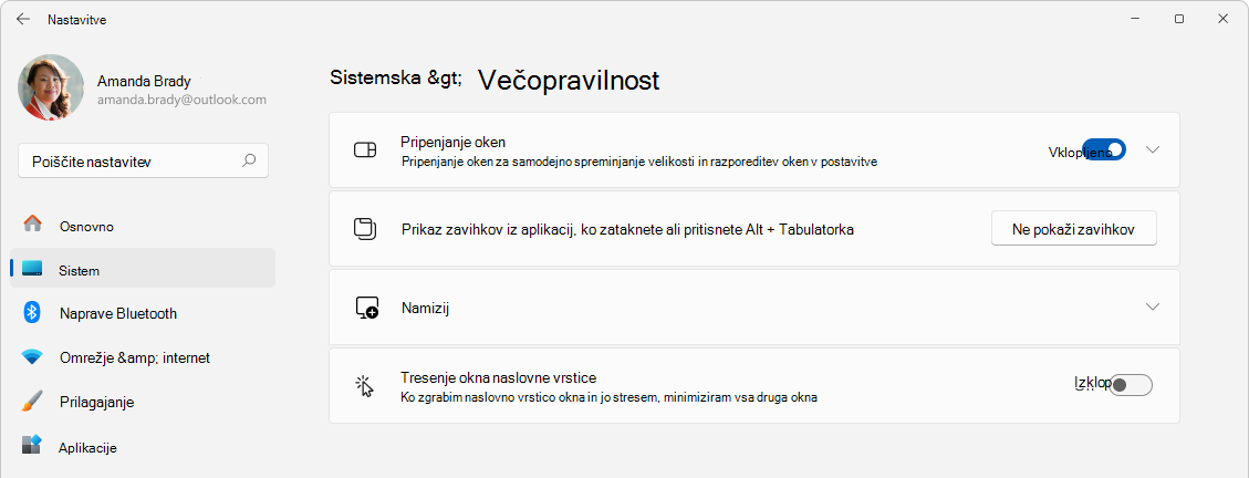 Posnetek zaslona Nastavitve > System > Multitasking.
