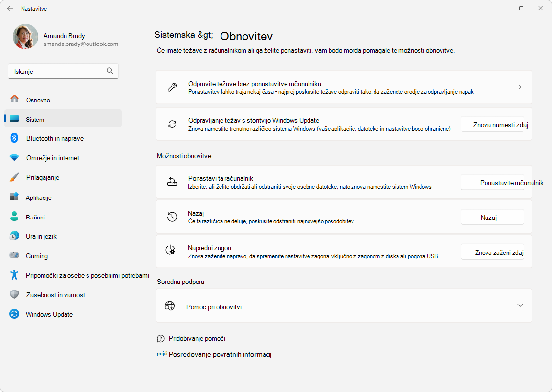 Posnetek zaslona Nastavitve – Sistem – Obnovitev.