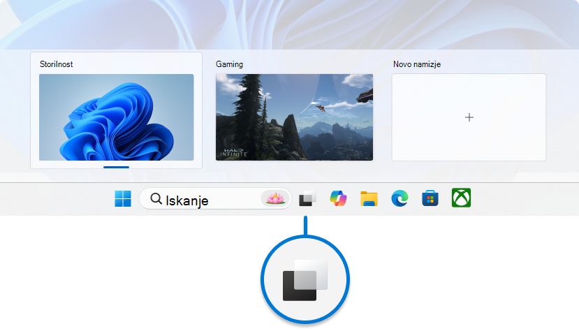 Posnetek zaslona opravilne vrstice sistema Windows 11 s poudarkom na gumbu za pogled opravil.