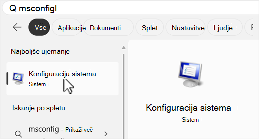 Iskanje MSConfig.