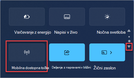 Hitro opravilo za iskanje mobilne dostopne točke v hitrih nastavitvah sistema Windows 11.