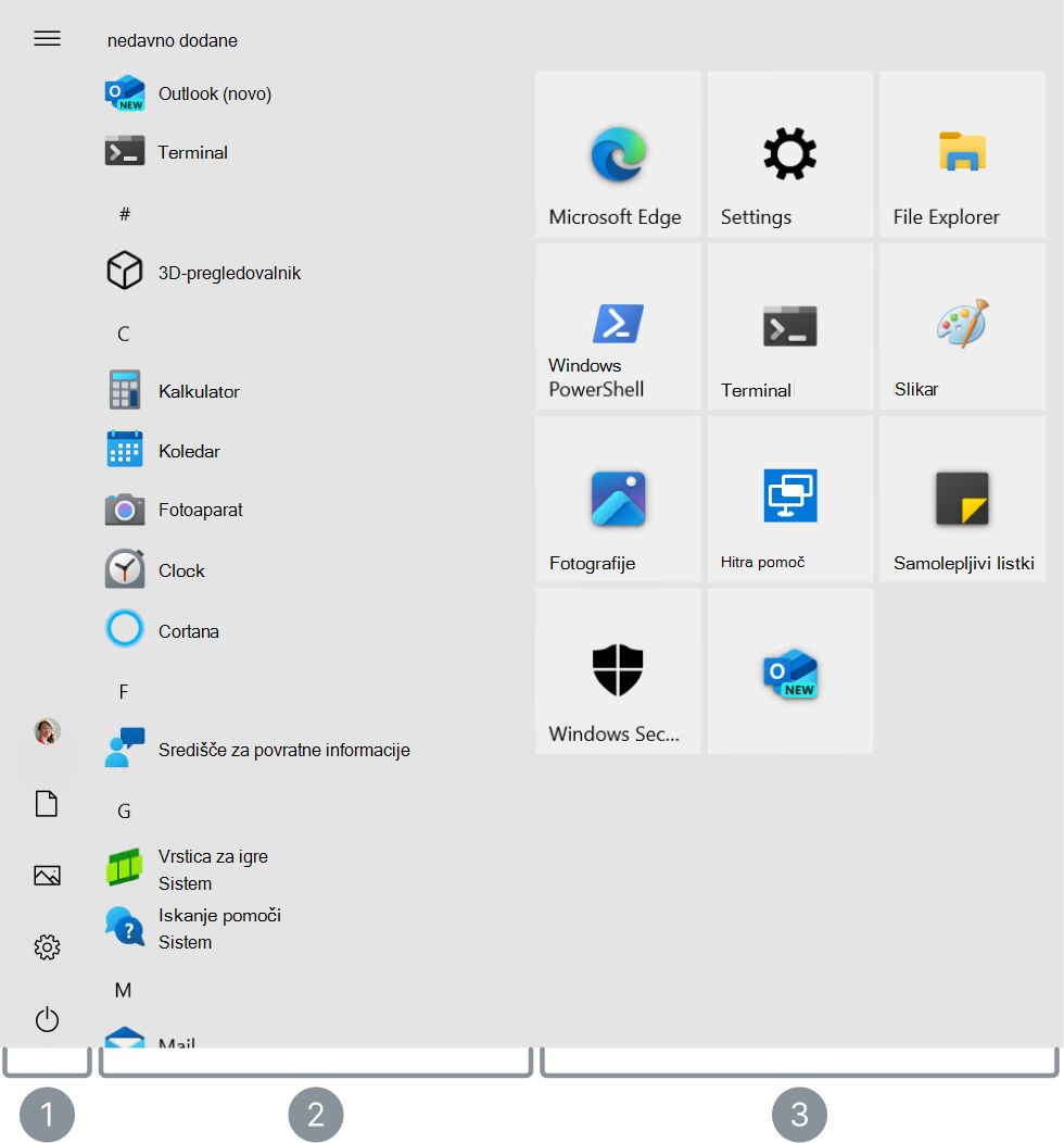 posnetek zaslona začetnega menija sistema Windows 10 z označenimi 3 glavnimi področji.