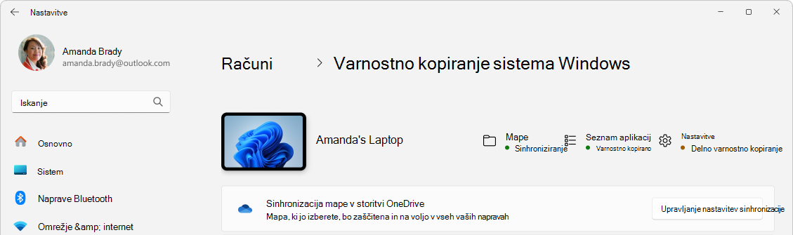 Posnetek zaslona Nastavitve, ki prikazuje stanje varnostne kopije sistema Windows.