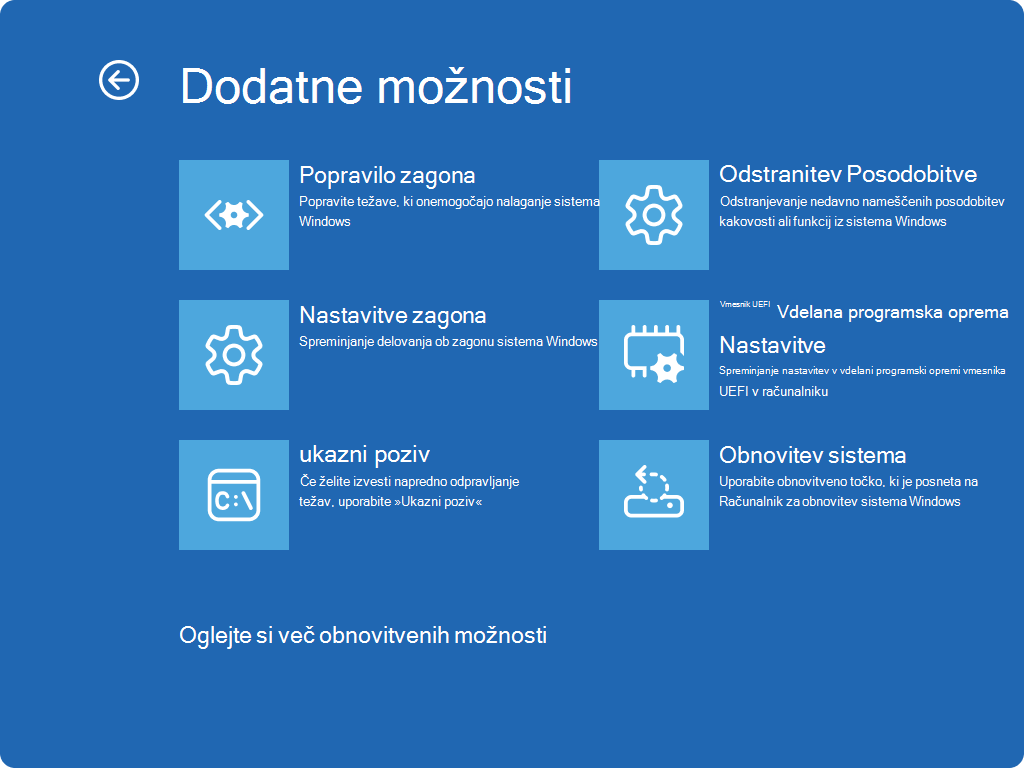 Posnetek zaslona Windows RE - Dodatne možnosti.