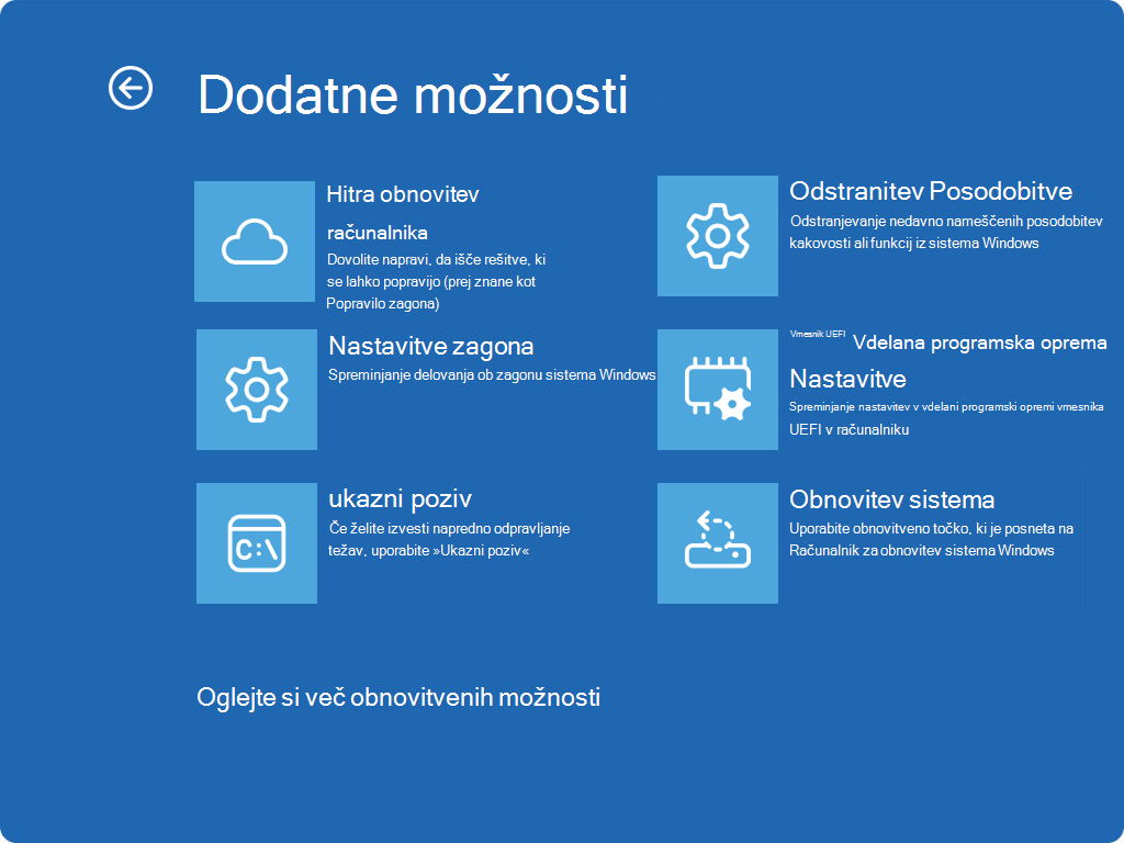 Posnetek zaslona sistema Windows RE, ki prikazuje dodatne možnosti in nov vnos QMR.