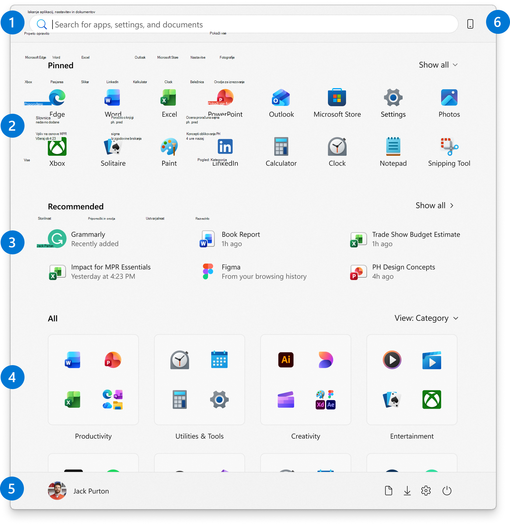 Posnetek zaslona menija »Start« sistema Windows