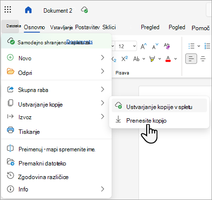 Posnetek zaslona, na katerem je prikazan ukaz »Prenesi kopijo« v programu Word za splet.