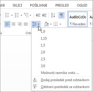 Zaslon »Razmik med vrsticami in odstavki«