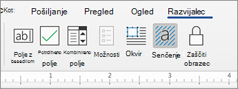 Zavihek »Razvijalec« s kontrolniki vsebine