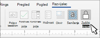 Gumb »Zaščiti obrazec« na zavihku »Razvijalec«