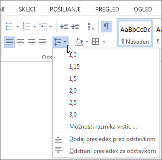 Posnetek zaslona zavihka »Osnovno« v programu Word, na katerem je prikazan meni »Razmik med vrsticami in odstavki«.