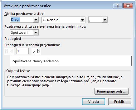 Možnosti polja »Pozdravna vrstica«