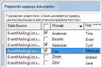 Izbira vrstic s potrditvijo potrditvenega polja