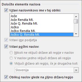Možnosti naslovnega bloka