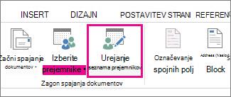 Posnetek zaslona zavihka »Pošiljanje« v Wordu, ki prikazuje označen ukaz »Uredi seznam prejemnikov«.