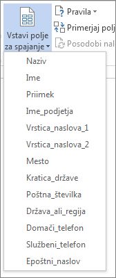 Meni »Vstavi spojno polje« za polja, ki so na voljo