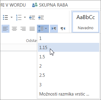 Gumb »Razmik vrstic« na zavihku »Osnovno«