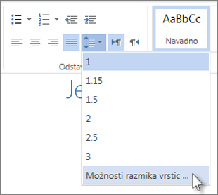 Meni »Razmik vrstic« v programu Word Web App