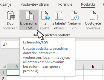 Izbiranje možnosti Besedilo/CSV na zavihku Podatki