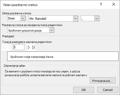 Pogovorno okno »Pozdravna vrstica«