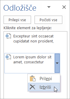 Pokaže brisanje kopiranega elementa iz odložišča