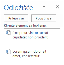 Prikaže podokno opravil »Odložišče« s kopirano vsebino