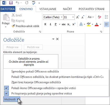 Možnosti, ki so na voljo v podoknu opravil Officeovega odložišča