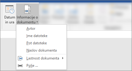 Posnetek zaslona, na katerem so prikazani gumbi »Informacije o dokumentu« in »Datum & čas« na traku Word