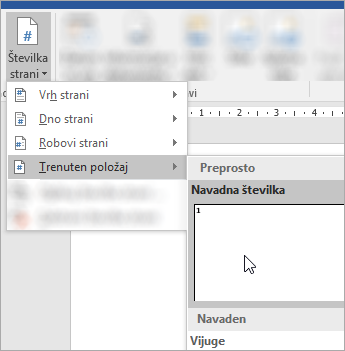 Posnetek zaslona, ki prikazuje izbiro številke strani navadne oblike zapisa na trenutnem mestu v dokumentu