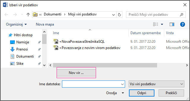 Vir podatkov za spajanje dokumentov