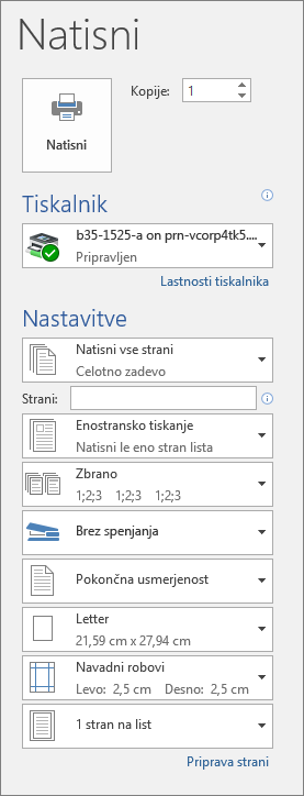Posnetek zaslona podokna »Natisni« z različnimi nastavitvami tiskanja, kot je število kopij.