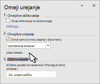 Izbirnik odsekov na plošči »Zavrnitev odsekov«
