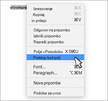 Preklop kod polj v izbranem priročnem meniju